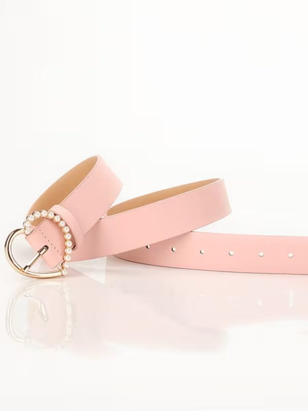 Pink Women’s Pearl Heart Buckle Waist Belt Fashion Dress Accessory Elegant Chic